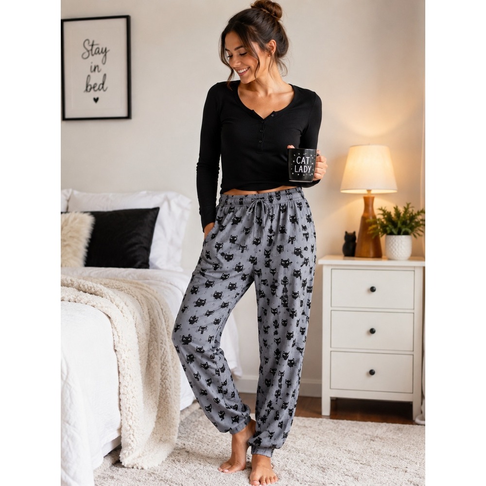 Better Together Gray Black Cat Face Print Jogger Lounge Pants Large